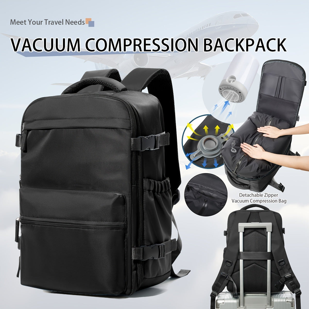 Sac à dos de voyage avec pompe à vide – Sac de transport pour ordinateur portable extensible, grande capacité, gain de place, en tissu Oxford pour hommes et femmes, randonnée, camping et voyage
