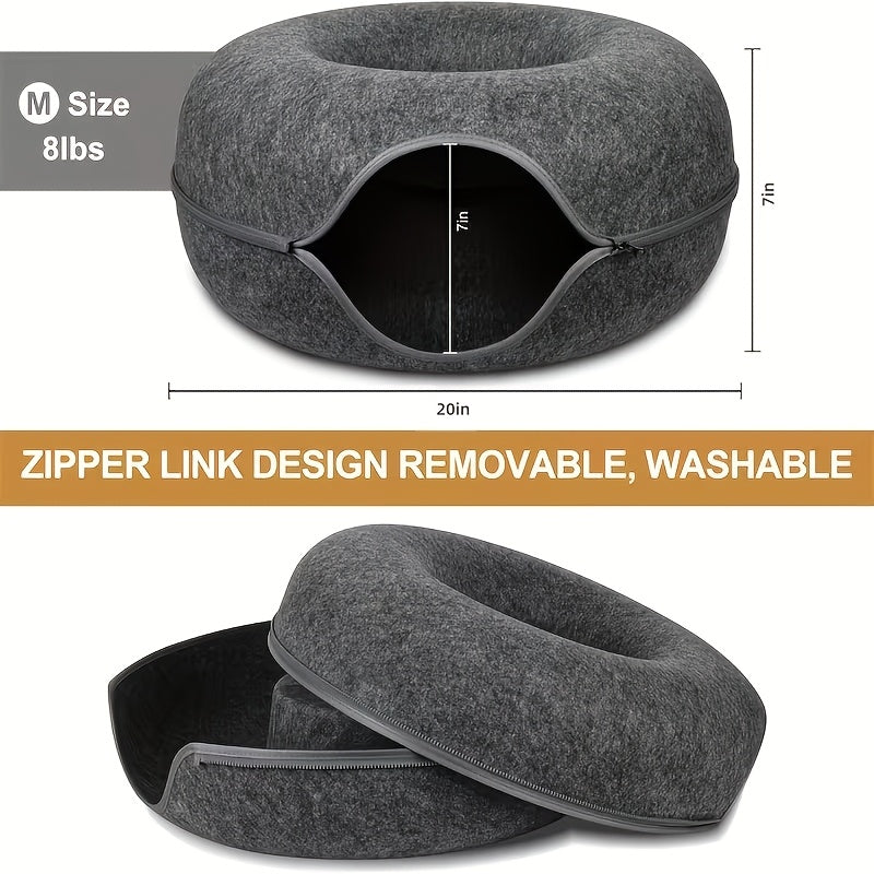 Lit tunnel pour chat, cachette d'intérieur - Tunnel pour chat en forme de beignet, pliable et utilisable en toute saison, avec ouverture pour chats d'intérieur, peluche douce, gris foncé et gris clair, disponible en 50 et 60 cm, cadeau idéal pour chat