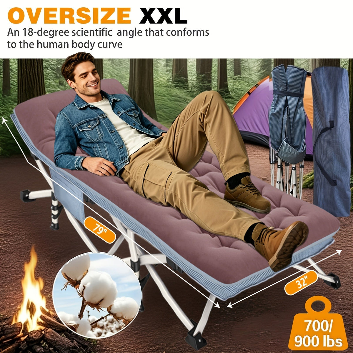 Lit de camp XXL de 81 cm de large avec matelas – Lit de couchage pliable ultra-robuste en tissu Oxford 1200D avec sac de transport pour adultes, lit d'appoint portable extra large pour le camping, la randonnée, les voyages et les invités
