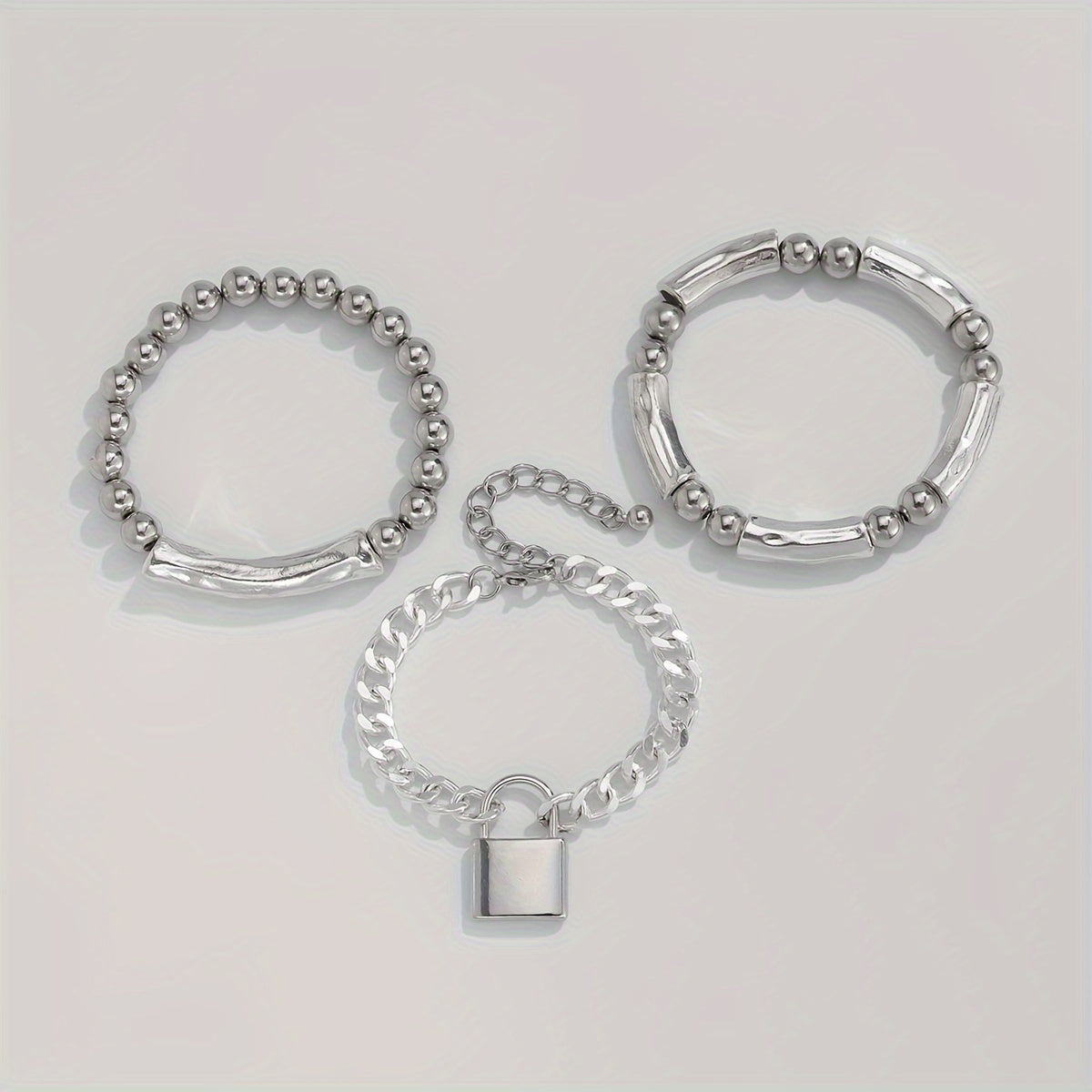 Lot de 3 bracelets punk en argent sterling 925 à perles avec pendentif cadenas – Bijou de poignet audacieux et empilable en argent pour femmes, hommes et ados, cadeau idéal pour les fêtes, festivals et au quotidien