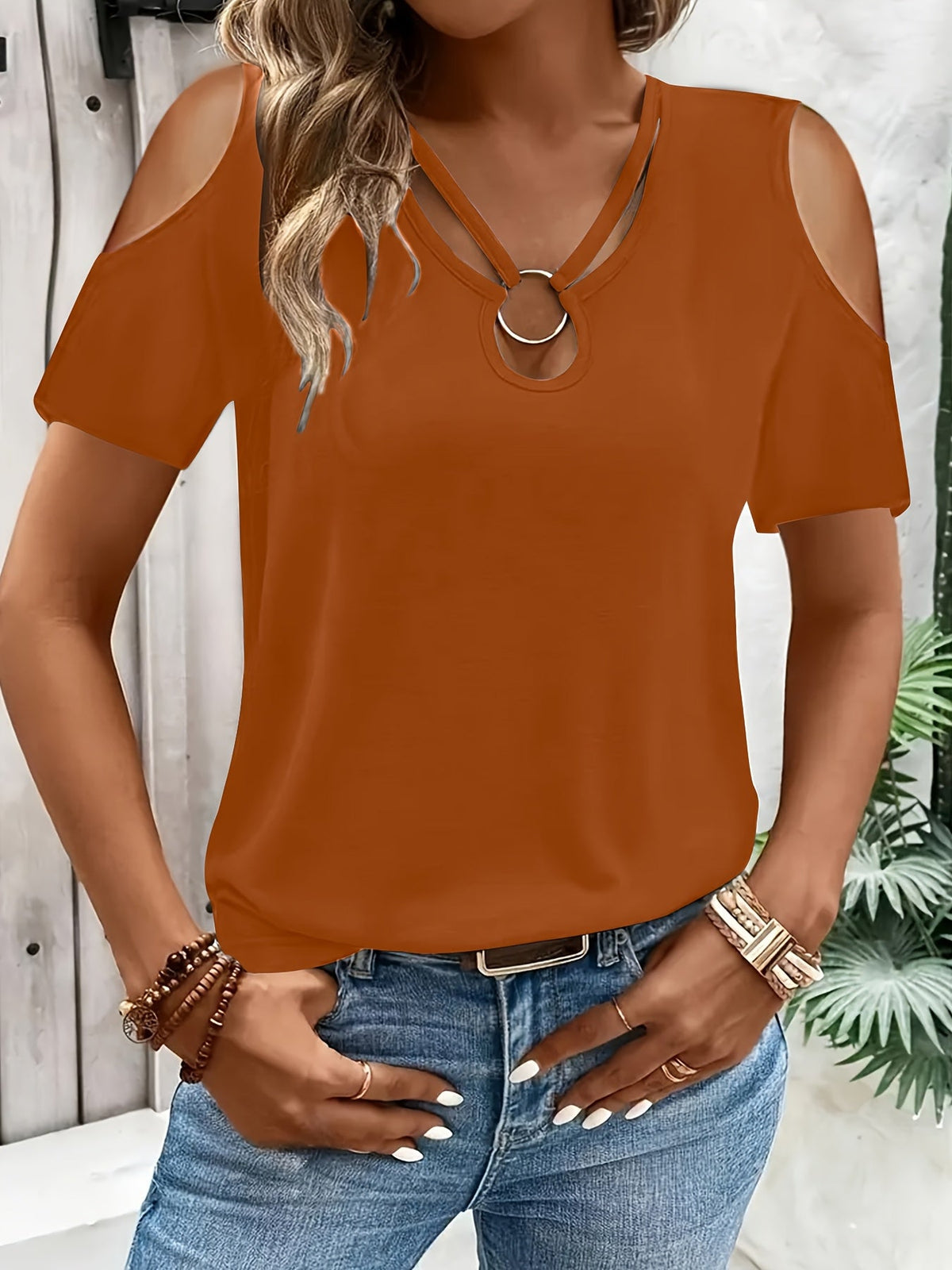 T-shirt femme à épaules dénudées et manches courtes, col rond uni en maille extensible, haut décontracté printemps-été, noir, blanc, bordeaux, bleu, vert olive, chocolat, S M L XL XXL