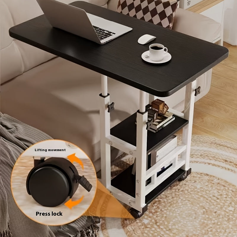 Table pour ordinateur portable réglable en hauteur avec 4 roulettes et double étagère – Bureau poste de travail mobile pour chevet, dortoir, bureau, salon, structure en acier robuste, design gain de place
