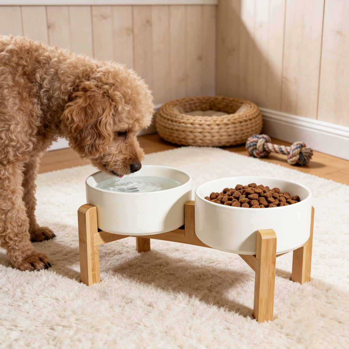 Ensemble de gamelles surélevées en céramique pour chien avec support en bambou - Double gamelle surélevée antidérapante de 850 ml pour chiens, chats et chiots, gamelle anti-glouton à hauteur réglable avec rangement (4 couleurs)
