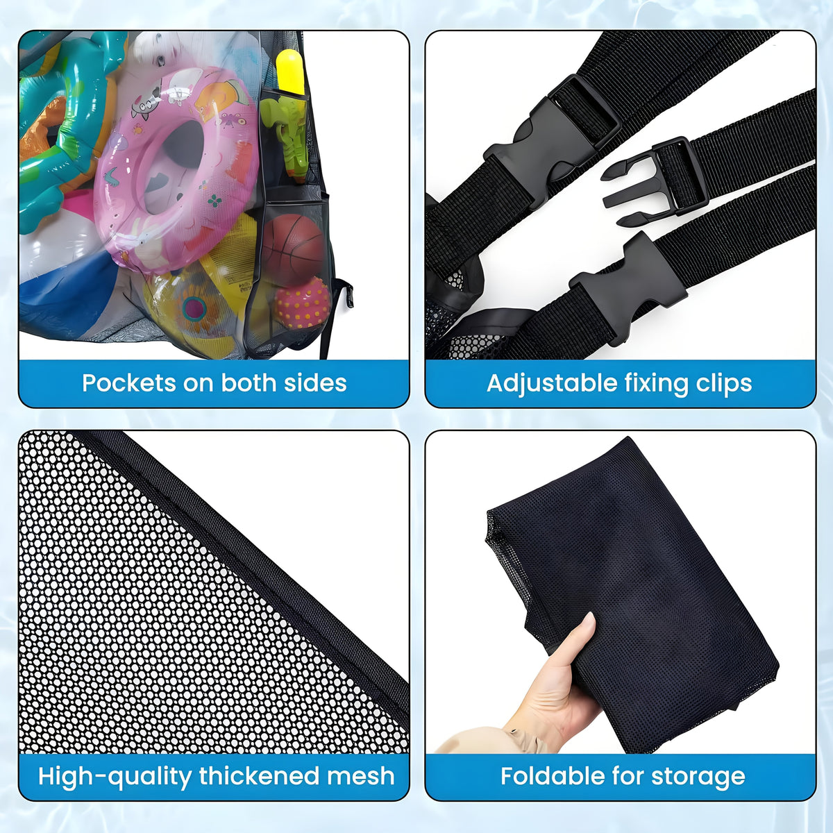 Grand sac de rangement pour piscine en filet avec cordon de serrage, 152 cm – Organisateur en filet robuste pour flotteurs gonflables, bouées, jouets de plage et accessoires de piscine, sac de transport imperméable et respirant