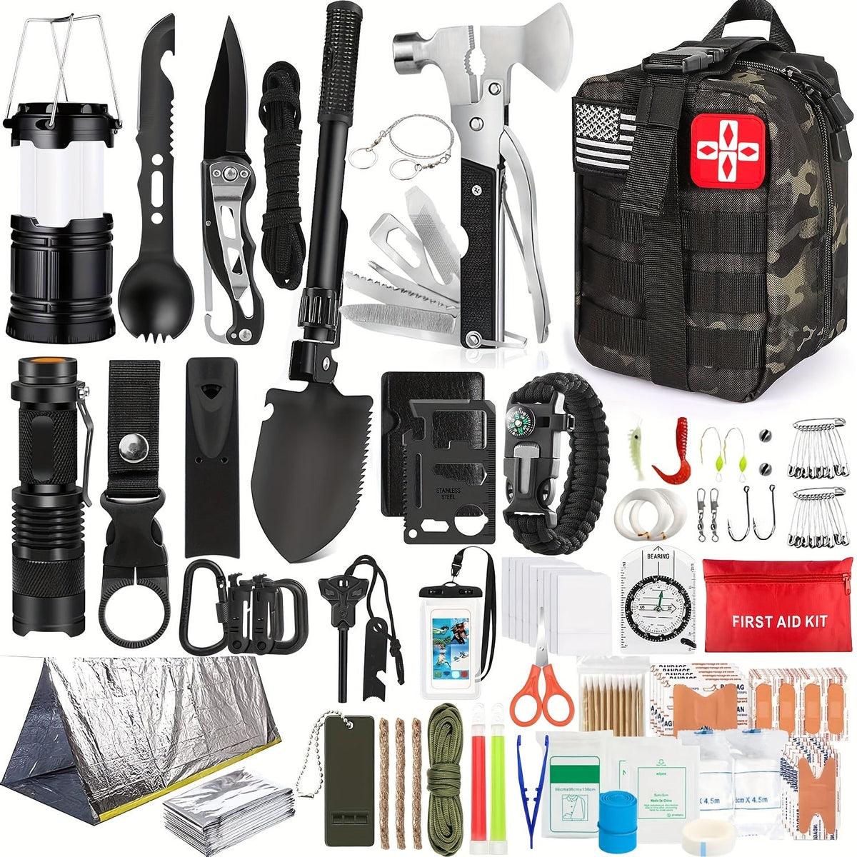 Kit de survie professionnel de 14, 152 ou 258 pièces – Équipement de survie d'urgence en plein air avec allume-feu, boussole et outil multifonction pour le camping, la randonnée et l'aventure, le meilleur cadeau pour hommes et femmes