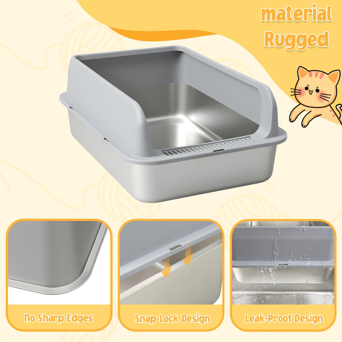 Bac à litière pour chat en acier inoxydable à bords hauts, bac anti-fuites avec pelle et plateau de tamisage, résistant à la rouille, anti-odeurs, anti-adhésif, facile à nettoyer, toilettes pour chats d'intérieur, taille moyenne à grande