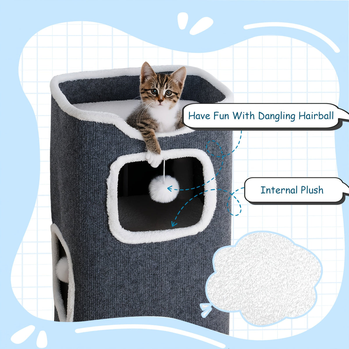 Arbre à chat pliable multi-niveaux pour chats d'intérieur – Griffoir, perchoir confortable, niche avec balle suspendue, refuge, panier douillet, options 1/3/4 étages