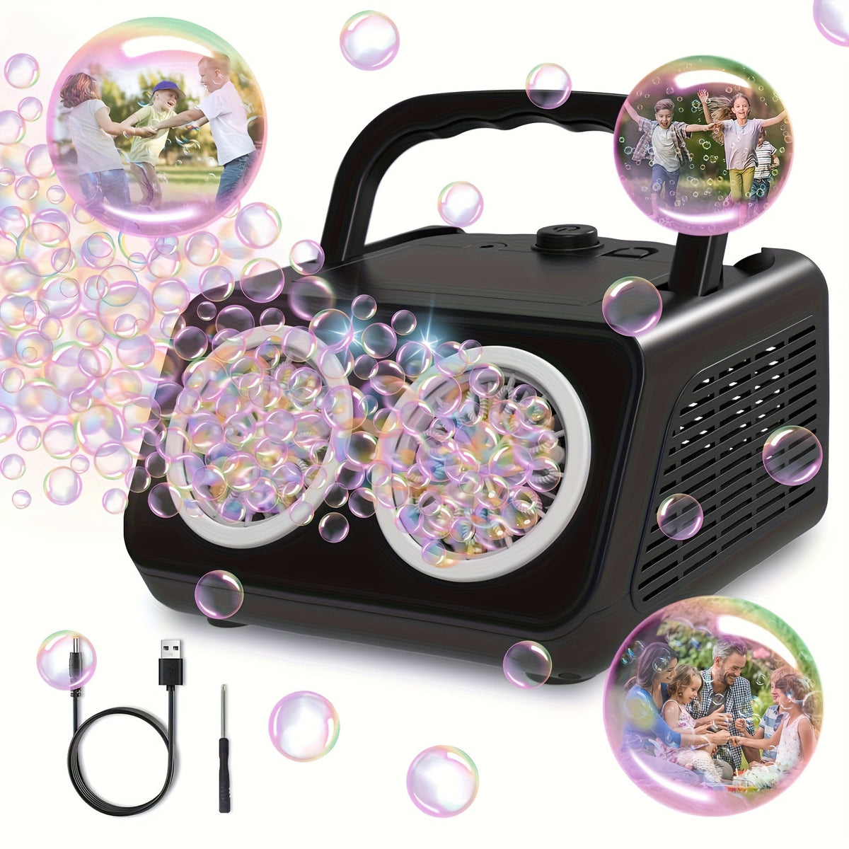Machine à bulles automatique pour enfants et tout-petits – Souffleuse à bulles électrique avec 2 ventilateurs, plus de 20 000 bulles par minute, fonctionne sur piles, solution à bulles incluse, jouet à bulles d'extérieur pour fêtes et anniversaires
