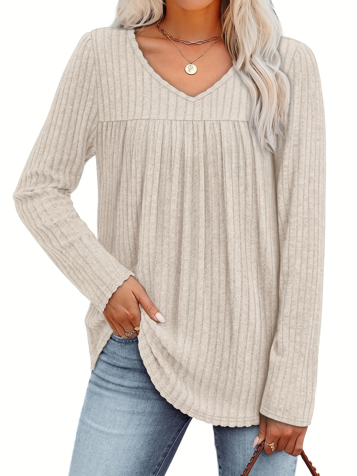 Haut-pull à manches longues et col en V pour femme – Chemisier décontracté et léger à pli frontal, chemise élégante et ample, plusieurs couleurs, tailles S à XXL