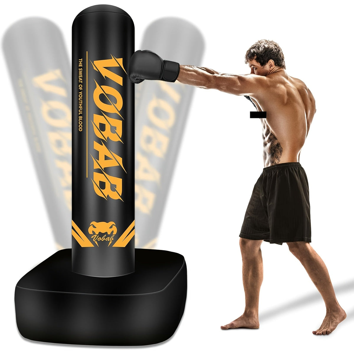 Sac de frappe autoportant de 70 pouces avec support – Sac d'entraînement robuste pour MMA, kickboxing et karaté pour adultes, hommes et femmes, débutants, équipement de boxe pour salle de sport à domicile, noir et jaune