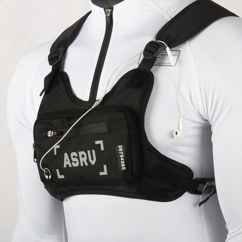 Sac de poitrine réfléchissant pour course à pied, gilet léger et réglable, sac bandoulière pour hommes et femmes – Sac de sport imperméable pour vélo, randonnée, ski avec trou pour écouteurs, noir et blanc