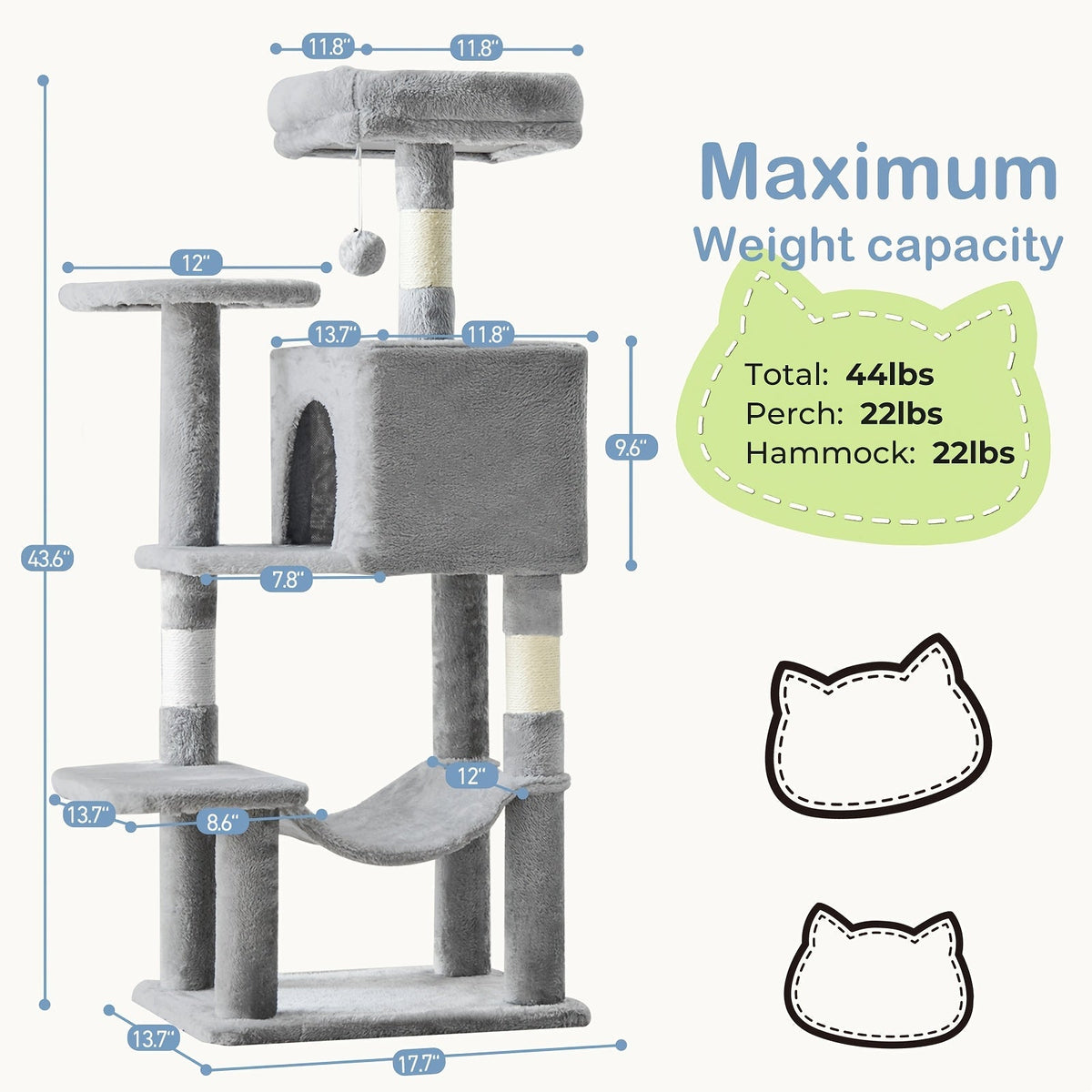 Arbre à chat de 112 cm avec niche et hamac – Poteaux à griffer en sisal naturel, perchoirs à plusieurs niveaux et maison pour chats d'intérieur, disponible en beige, gris, rose et noir/rouge