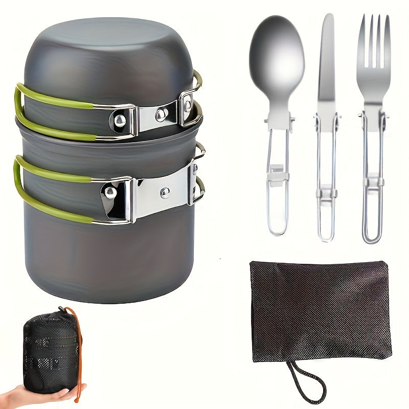 Ensemble de cuisine de camping en acier inoxydable 304 avec rangement pliable – Casserole compacte et durable avec couteaux et fourchettes pour randonnée, pique-niques et camping, vert et orange, kit de cuisine de camping léger