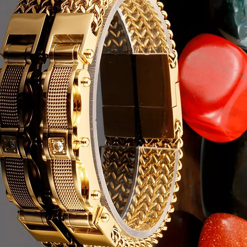 Bracelet de motard hip-hop pour homme en acier inoxydable, style punk rock, avec fermoir magnétique et pierres synthétiques, bijou pour soirée en boîte de nuit ou mariage