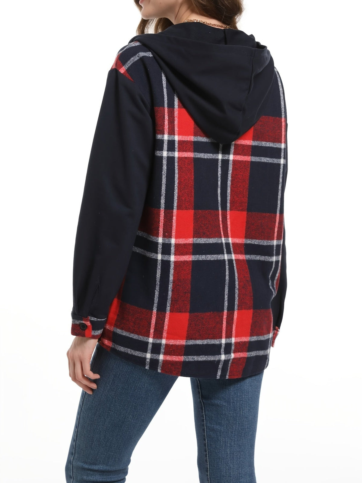 Veste à capuche à carreaux pour femme, épaules tombantes, poche plaquée tissée, vêtement d'extérieur décontracté, 100 % polyester, suédine, PU, noir et blanc, S, M, XXL