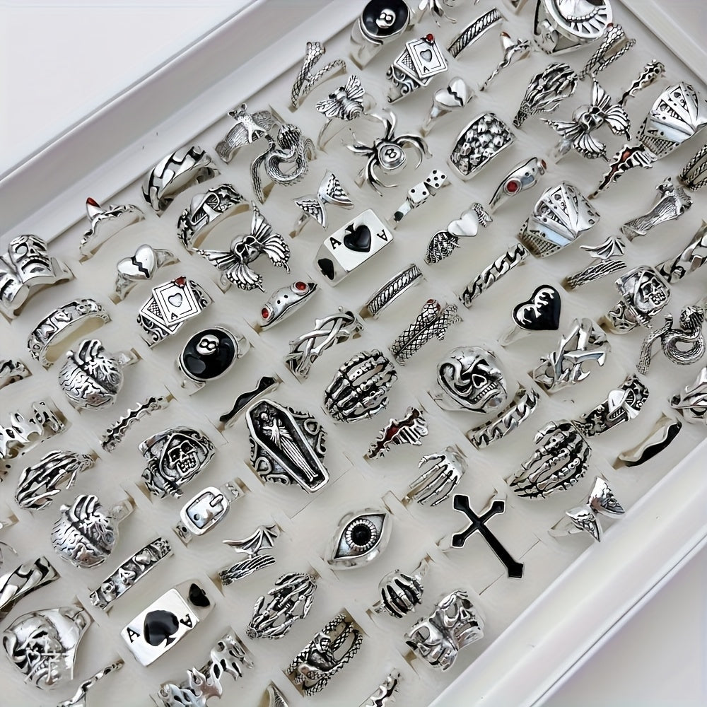 Lot de 24 bagues rétro punk pour hommes et femmes – Style sombre avec araignées, crânes et croix, bagues gothiques vintage, bijoux empilables réglables pour le quotidien, les fêtes, Halloween et comme cadeau