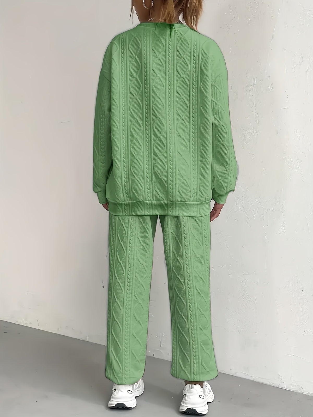 Ensemble survêtement 2 pièces pour femme – Haut à manches longues et col rond en jacquard texturé et pantalon de jogging, tenue de détente décontractée et respirante pour le printemps et l'été S-XXL