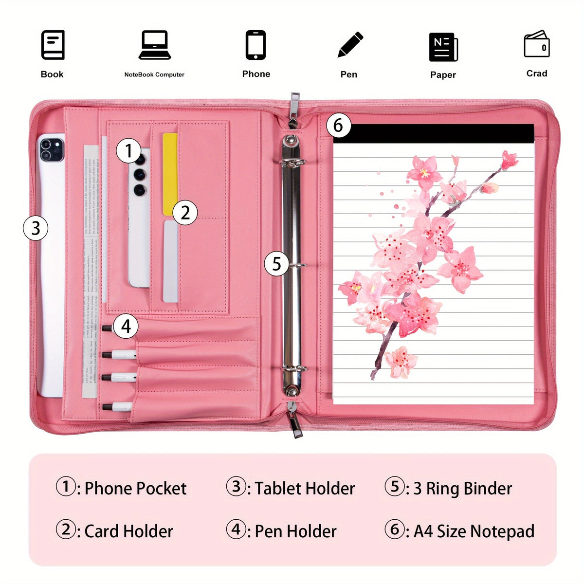 Classeur à anneaux avec fermeture éclair en cuir vegan, format A4, avec pochette pour ordinateur portable, organisateur de travail pour femmes et hommes