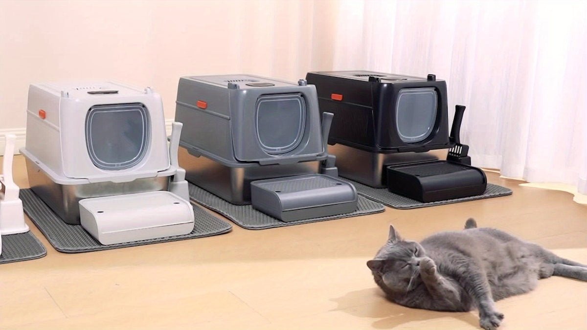 Bac à litière pour chat surdimensionné en acier inoxydable avec couvercle, toilette intérieure pliable anti-éclaboussures avec porte à rabat avant et contrôle supérieur des odeurs