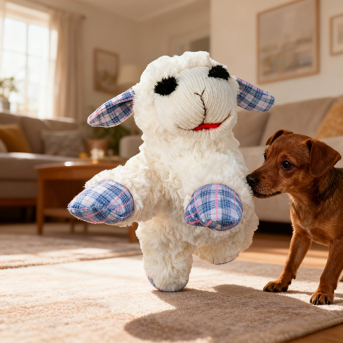 Jouet en peluche grinçant pour chien avec 5 couineurs intégrés – Peluche apaisante pour petits et moyens chiens, motif à carreaux bleu et rouge, jouet à mâcher anti-anxiété sans pile ni électricité pour races calmes