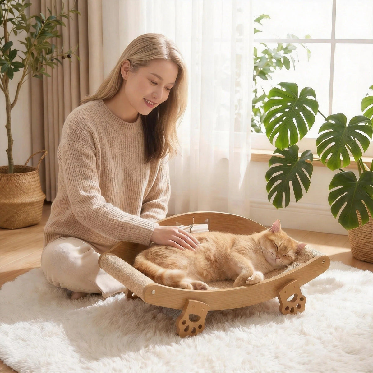 Chaise longue griffoir pour chat en sisal naturel avec jouet balle suspendue – Lit pour chat incurvé en bois massif, canapé anti-rayures pour chaton, protecteur de meubles pour chats d'intérieur