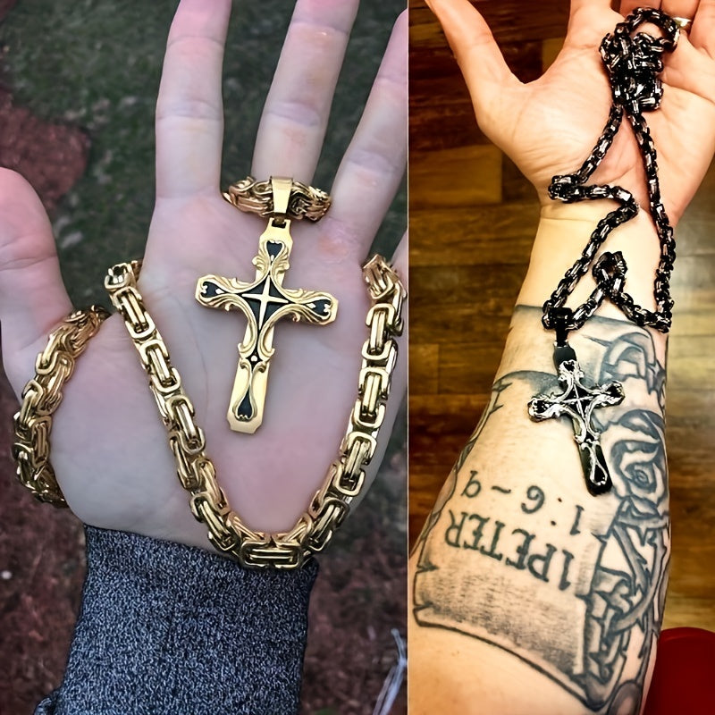 Ensemble de colliers croix en acier inoxydable pour homme, 2 pièces, chaîne cubaine avec pendentif croix, bijoux rétro hip-hop pour homme - Collier imposant, cadeau pour lui, anniversaire, Noël