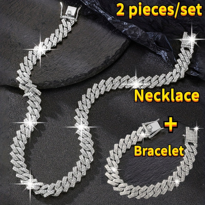 Cuban Link Chain Jewelry Set for Men 2pcs β Hip Hop Miami Bling Necklace and Bracelet Set, Luxury Fashion Streetwear Accessories, Perfect Birthday Anniversary Gift for Him