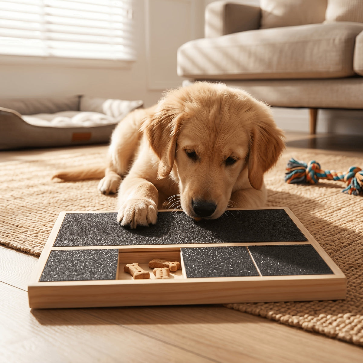 Distributeur de friandises 2-en-1 en bois pour chien et chat avec lime à griffes – Jouet interactif à alimentation lente à 6 compartiments et griffoir pour petits et moyens animaux, enrichissement comportemental et stimulation mentale