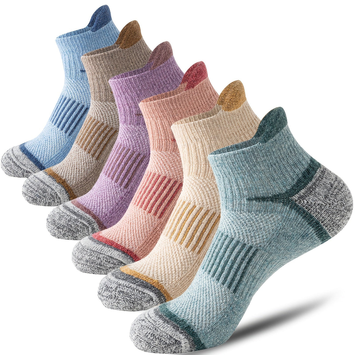 Lot de 6 paires de chaussettes de randonnée en laine mérinos pour hommes et femmes, chaussettes de course et de travail à cheville rembourrée avec soutien de compression, design invisible, respirant et absorbant l'humidité – Excellente idée cadeau