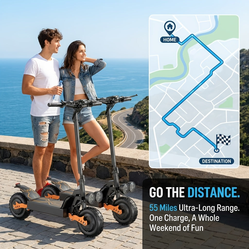 LOVEBike GT28 Dual Motor Foldable Electric Scooter for Adults β 54.6V 30Ah Battery, 55-Mile Range, Fat Tire Off-Road E-Scooter with Dual Headlights, 60 lbs