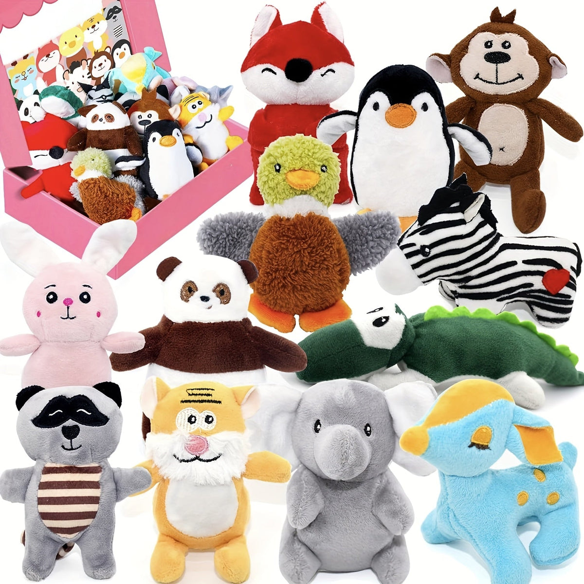Lot de 12 jouets en peluche couineurs pour chiens – Jouets pour chiots, petits et moyens chiens – Jouets de dentition doux avec coffret cadeau : renard, tigre, lapin, panda et plus