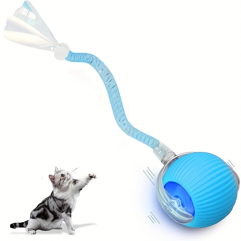 Jouet balle pour chat à roulement automatique, balle interactive électrique avec queue en filet élastique, balle intelligente à mouvement rapide pour jeu en intérieur sur tapis ou sol pour chats et chatons