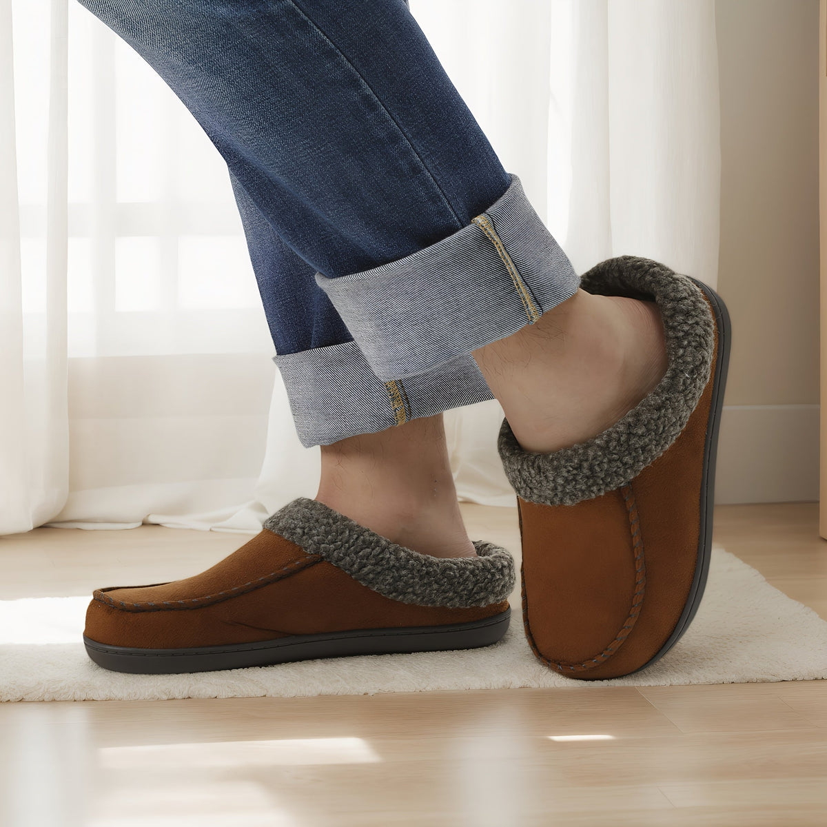 Mocassins pour homme à col en peau de mouton – Rembourrage en mousse à mémoire de forme, semelle antidérapante en TPR, doublure chaude, chaussures à enfiler pour l'intérieur et l'extérieur en toute saison – Brun café, chameau, noir (US 7–12)