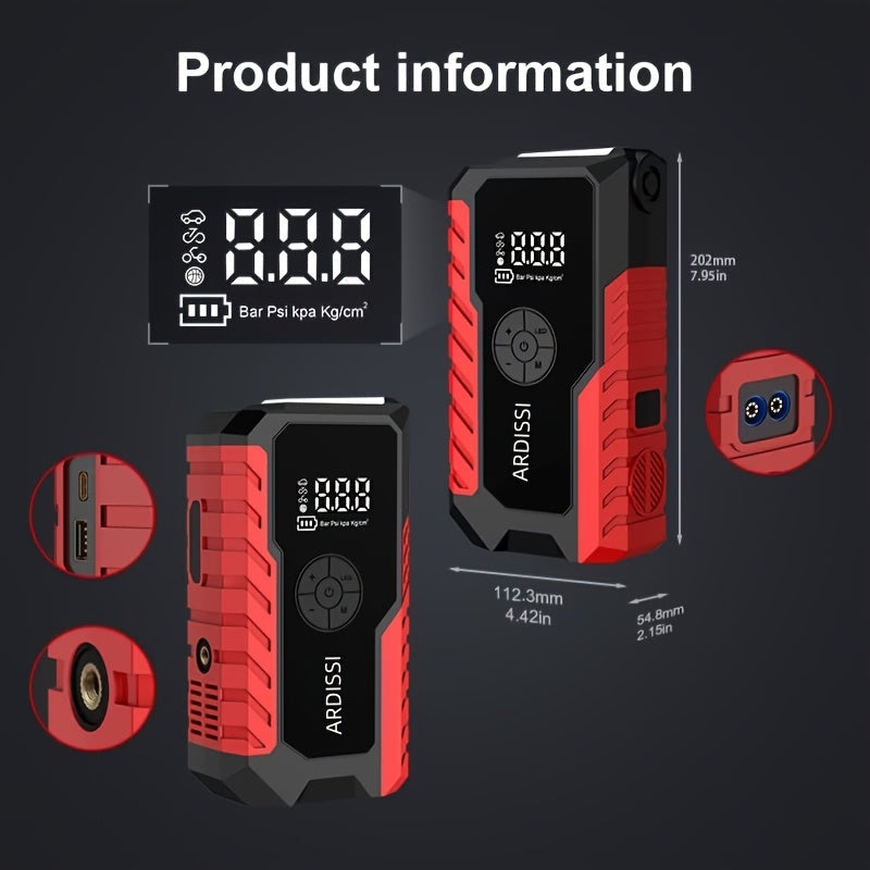 Démarreur de batterie portable 5000A avec compresseur d'air 150 PSI – Booster de batterie tout-en-un 10000mAh, port Type-C, lampe LED pour voitures essence et diesel 12V, camions, SUV et motos