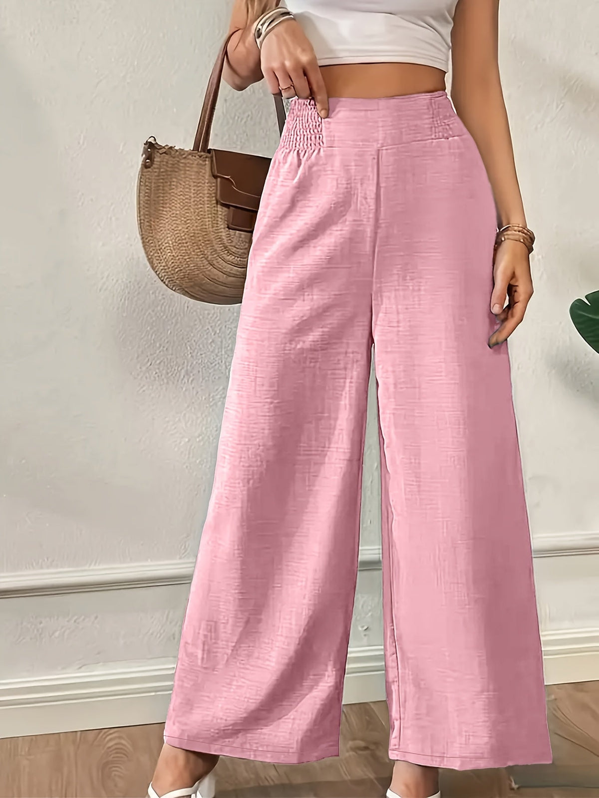 Pantalon large à taille haute pour femme, pantalon droit à taille élastique | Tenue élégante, décontractée, de bureau ou formelle, bleu clair, noir, bleu marine, rose, S M L XL XXL