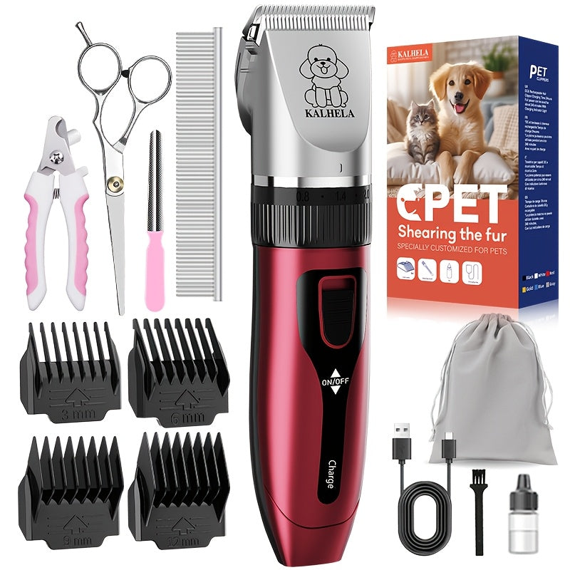 Tondeuse pour animaux sans fil rechargeable avec affichage LED - Tondeuse professionnelle sans fil pour poils de chien, têtes interchangeables, 4 guides de coupe, faible niveau sonore, charge USB 36V, pour chiens, chats et petits animaux