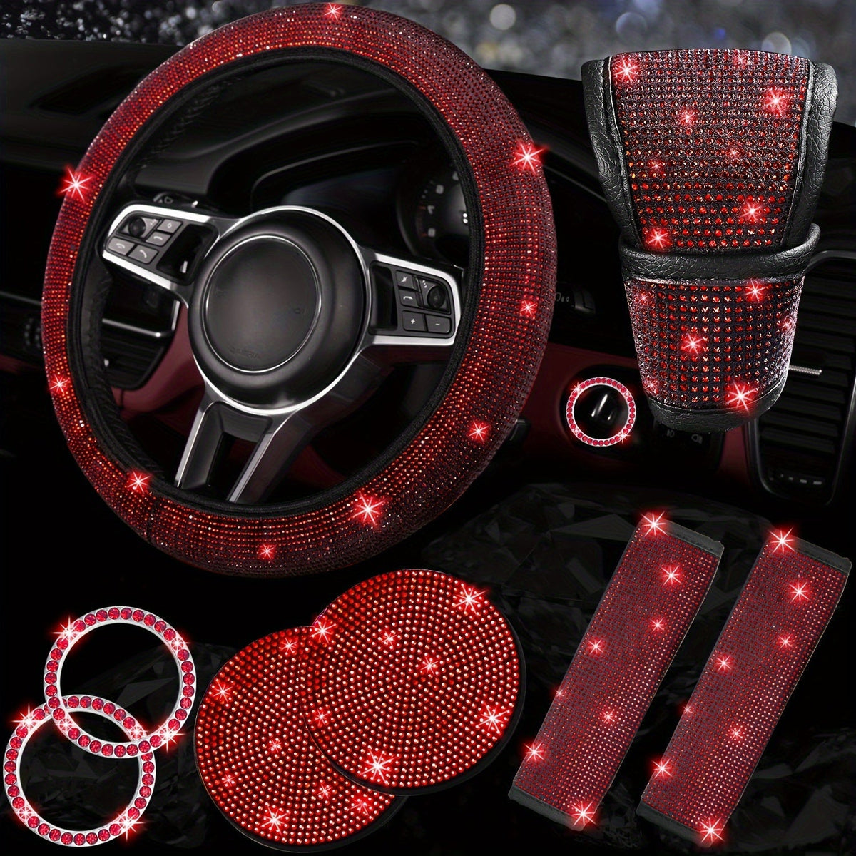 Ensemble d'accessoires de voiture 8 pièces en strass pour femme – Housse de volant, sous-verres, coussinets de ceinture de sécurité, anneaux de démarrage et housse de pommeau de levier de vitesse, 7 couleurs, kit intérieur à paillettes scintillantes