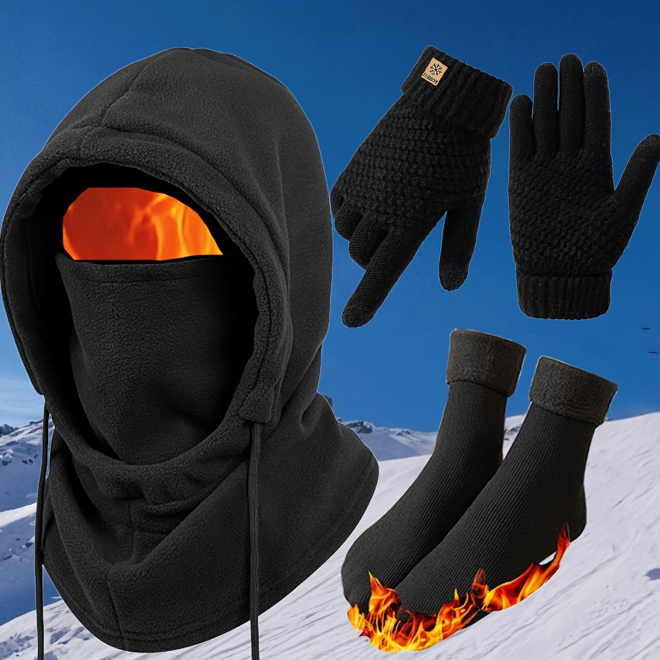 Ensemble thermique d'hiver 3/4 pièces, masque coupe-vent, gants tactiles, chaussettes en polaire épaisse, équipement grand froid pour snowboard, ski, randonnée, pêche sur glace – Lot d'accessoires d'extérieur chauds et légers