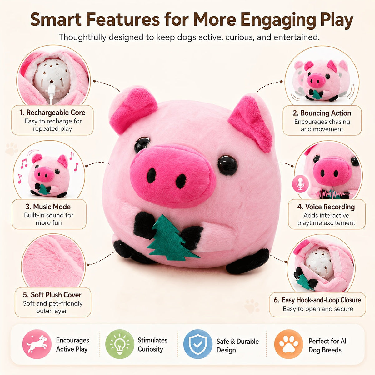 Jouet rebondissant pour chien rechargeable par USB – Balle électronique avec capteur de mouvement, bruit de cochon et enregistrement vocal, jouet interactif lavable pour petits chiens et chiots
