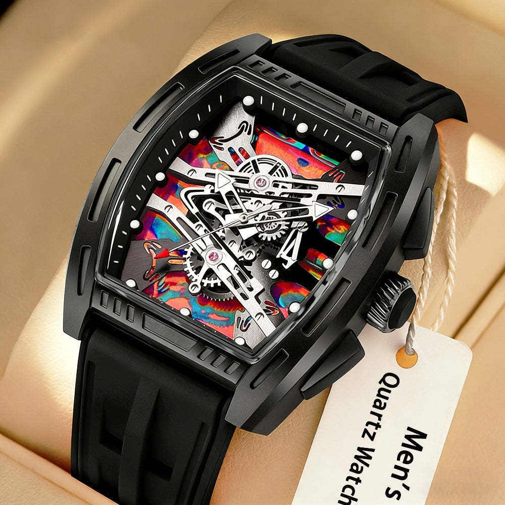 Montre quartz pour homme forme tonneau – Style rétro vintage, bracelet en silicone, montre élégante pour le travail, montre analogique de luxe pour homme disponible en 5 couleurs (blanc, noir, rouge, bleu, vert), cadeau d'anniversaire ou de fête pour lui
