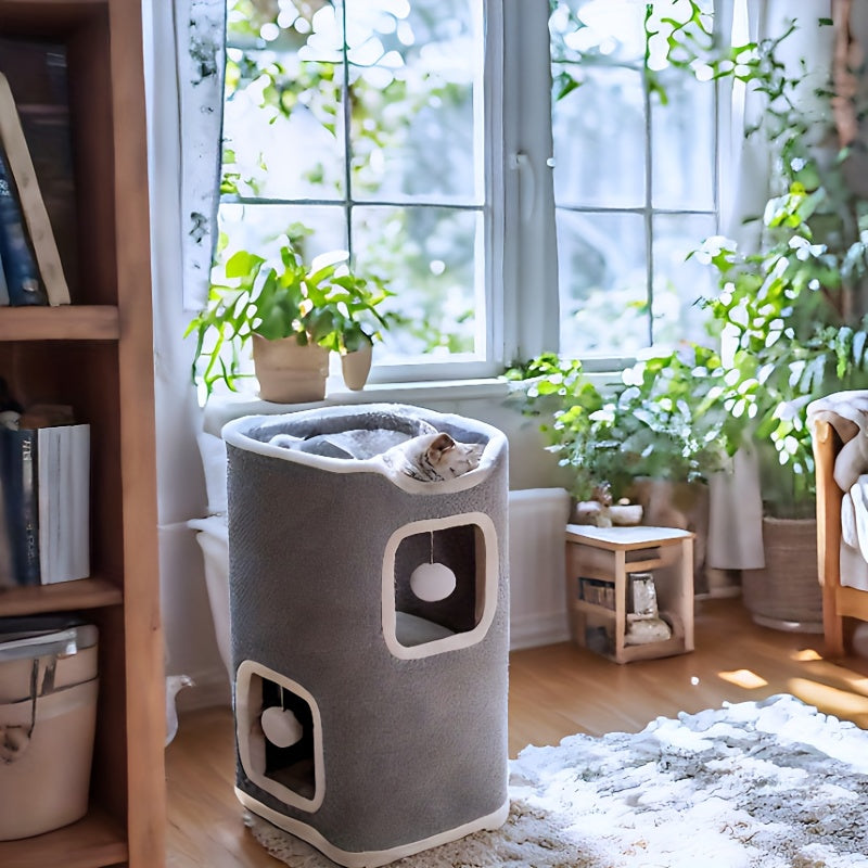 Arbre à chat pliable à plusieurs niveaux pour chats d'intérieur - Maison pour chat résistante aux griffures avec couchage douillet, cachette et balles à grelots, meuble pour chat de 1 à 3 étages pour grimper, jouer et se reposer