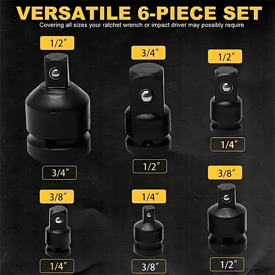 Jeu de 6 adaptateurs et réducteurs à choc 1/4" à 3/4" – Kit de conversion d'entraînement carré femelle-mâle pour clé pneumatique en acier chrome-molybdène avec verrouillage à bille et revêtement protecteur pour réparation automobile