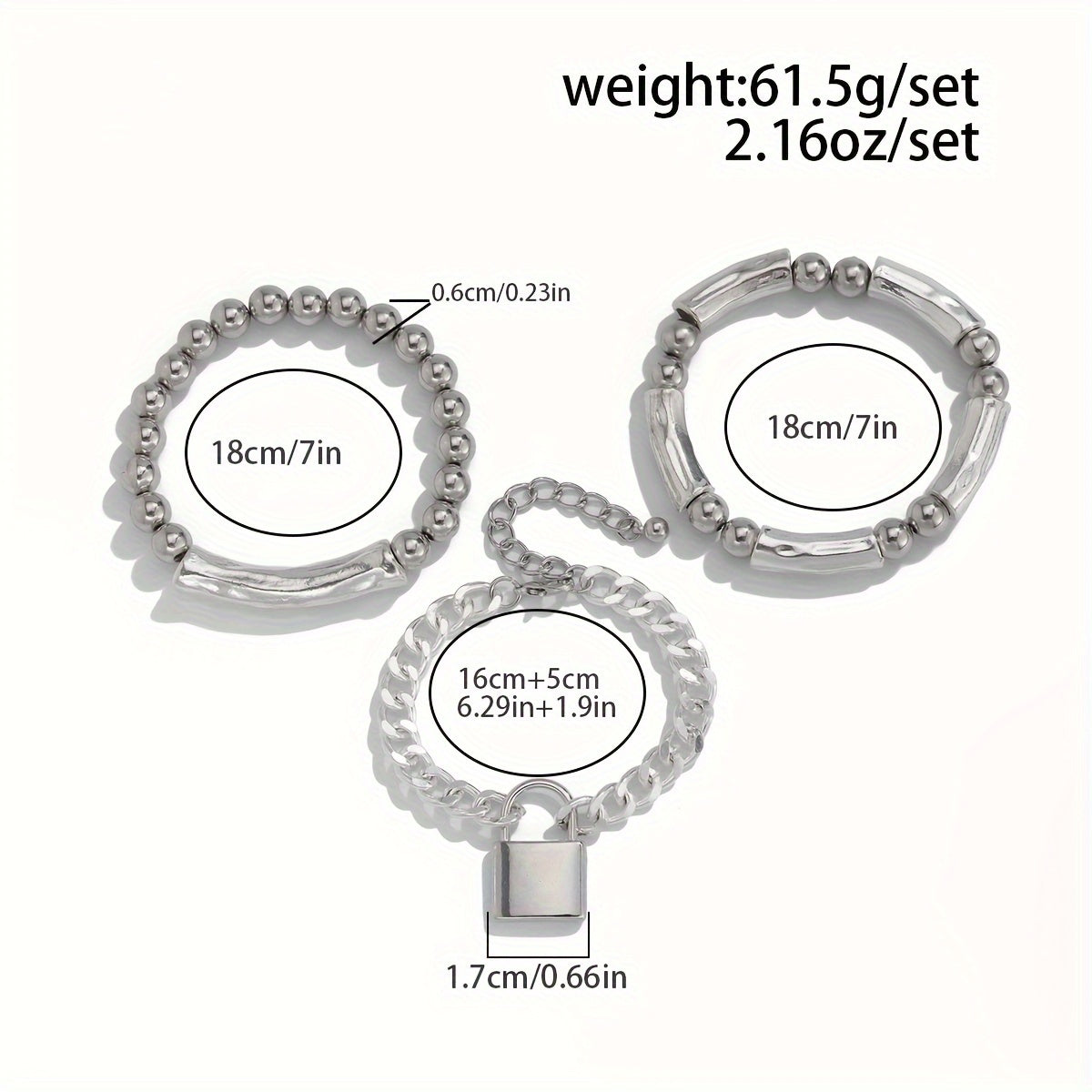 Lot de 3 bracelets punk en argent sterling 925 à perles avec pendentif cadenas – Bijou de poignet audacieux et empilable en argent pour femmes, hommes et ados, cadeau idéal pour les fêtes, festivals et au quotidien