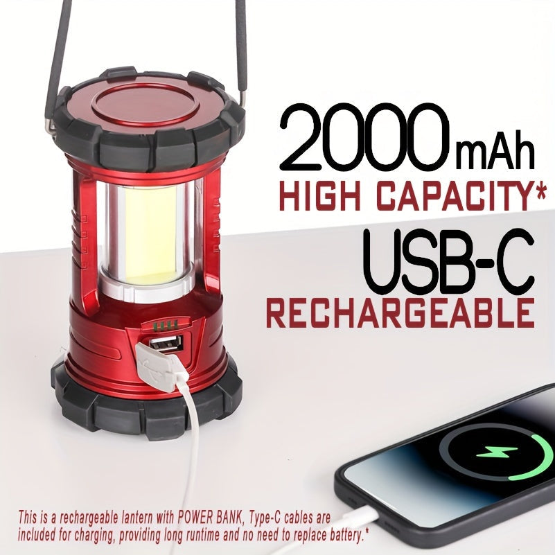 Lot de 2 lanternes de camping LED rechargeables 1500 lm avec chargeur de téléphone, 3 modes d'éclairage, lanterne portable pour ouragan et urgence, camping, randonnée, coupure de courant, survie en extérieur