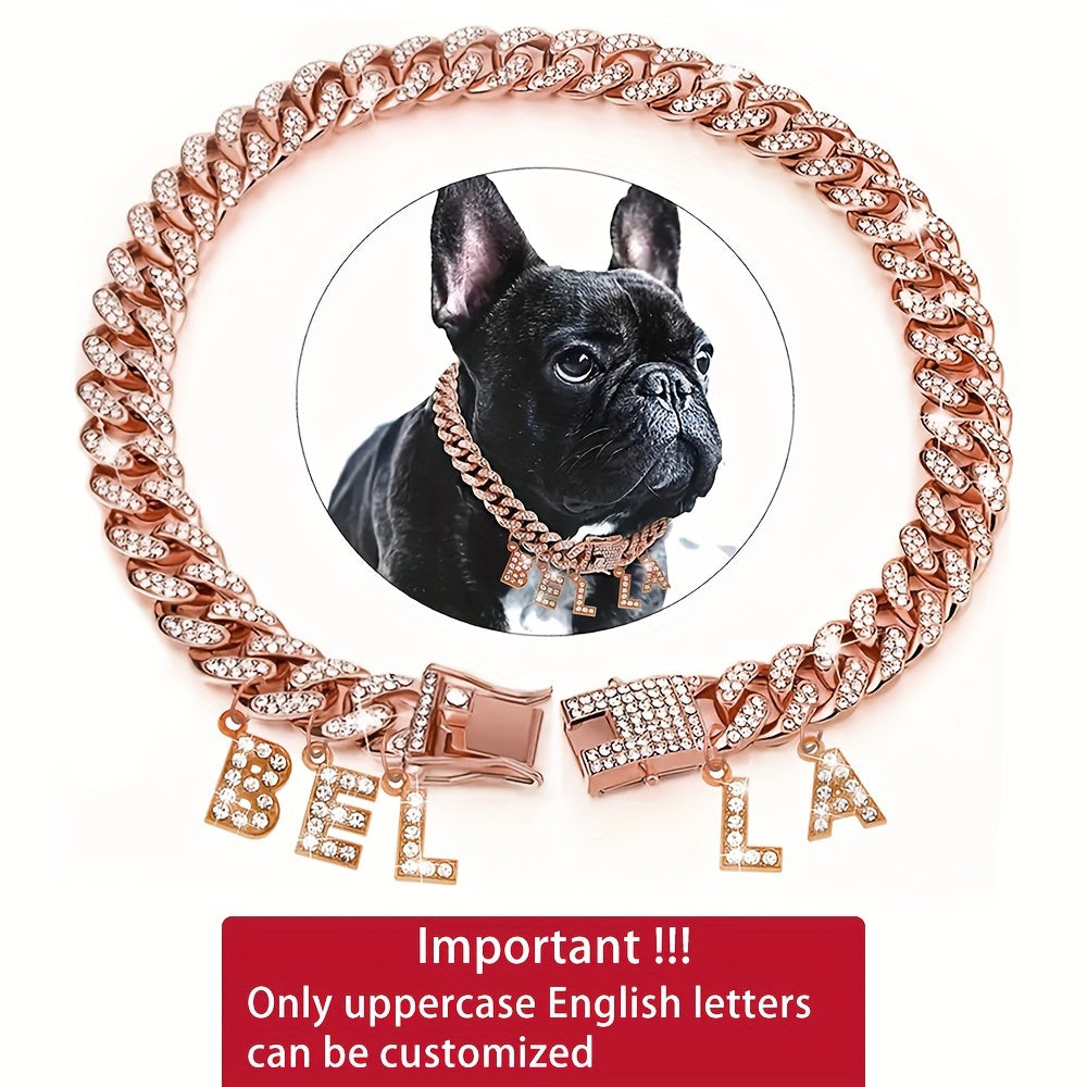Collier pour chien personnalisé avec pendentif lettre en strass – Collier pour chien à chaîne cubaine étincelante de 13 mm, breloque initiale personnalisée, double fermoir pour petits et moyens chiens, bijou de luxe pour animal de compagnie