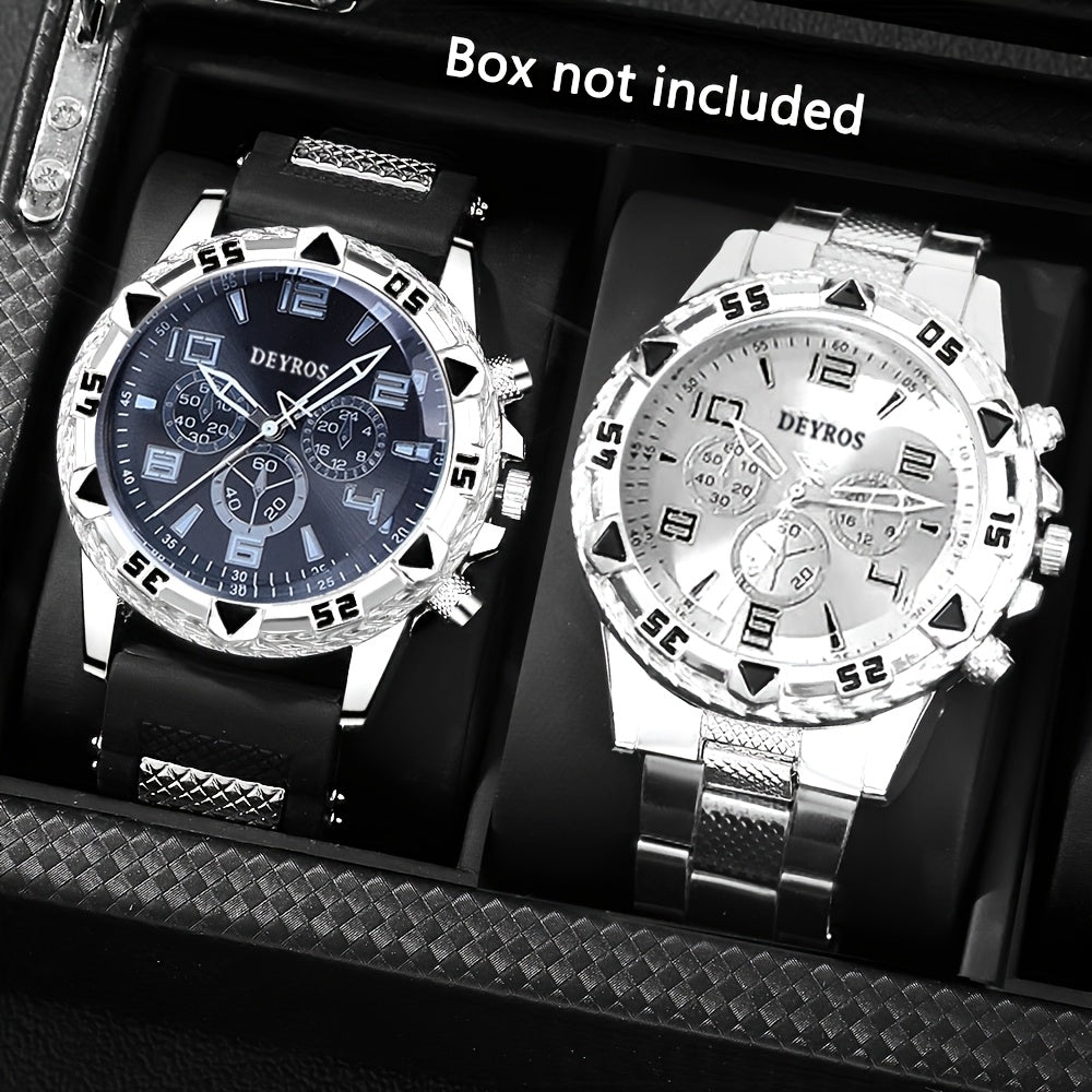 Coffret de 2 montres à quartz pour homme – Boîtier en acier inoxydable et bracelet en silicone, cadran rond classique, style décontracté et professionnel, coffret cadeau de montres sportives pour hommes, ensembles A B C D disponibles