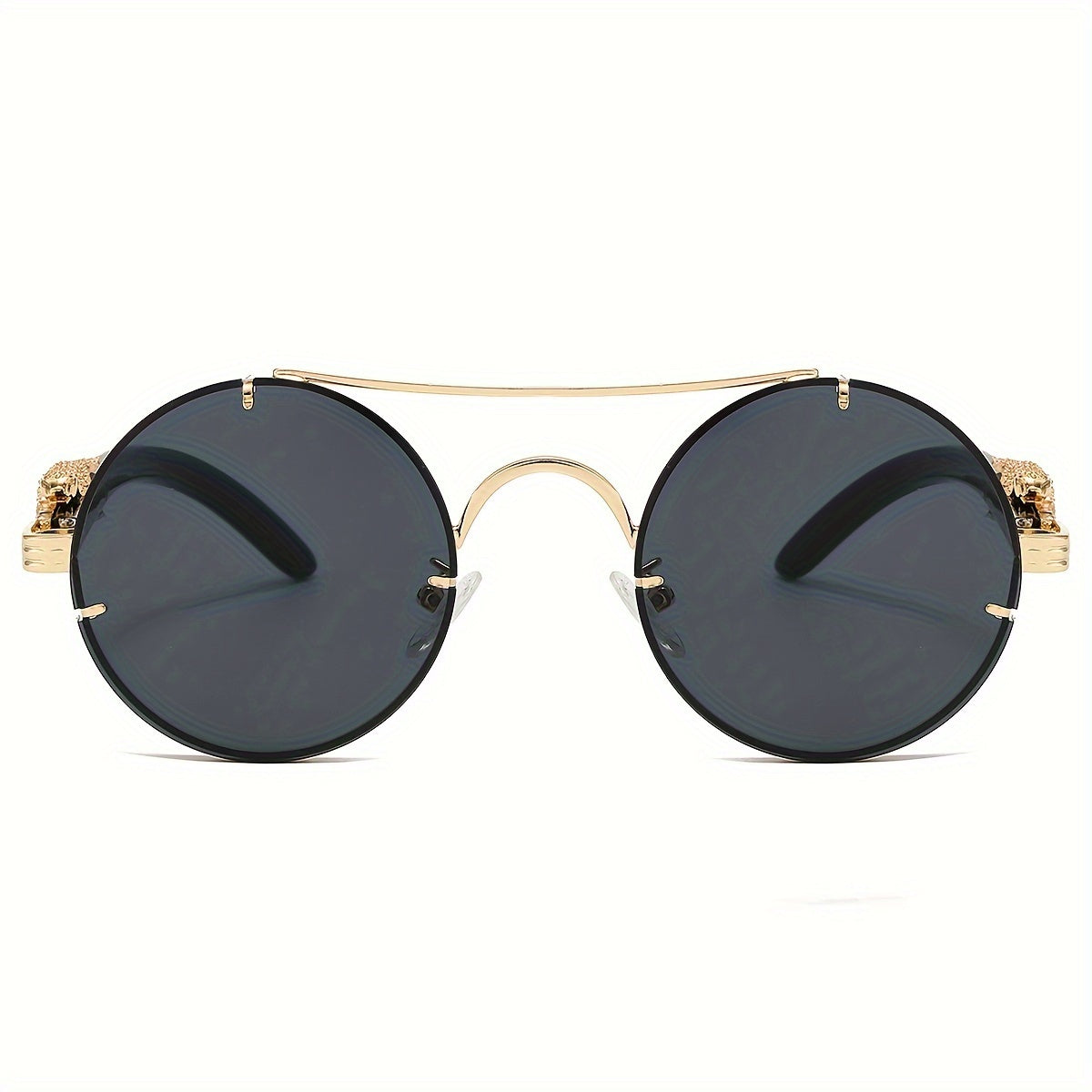 Lunettes de soleil rondes à monture en métal avec verres dégradés pour hommes et femmes – Luxe, double pont, détails léopard sur les charnières, verres en polycarbonate dégradés, étui inclus, style chic pour les vacances et la ville