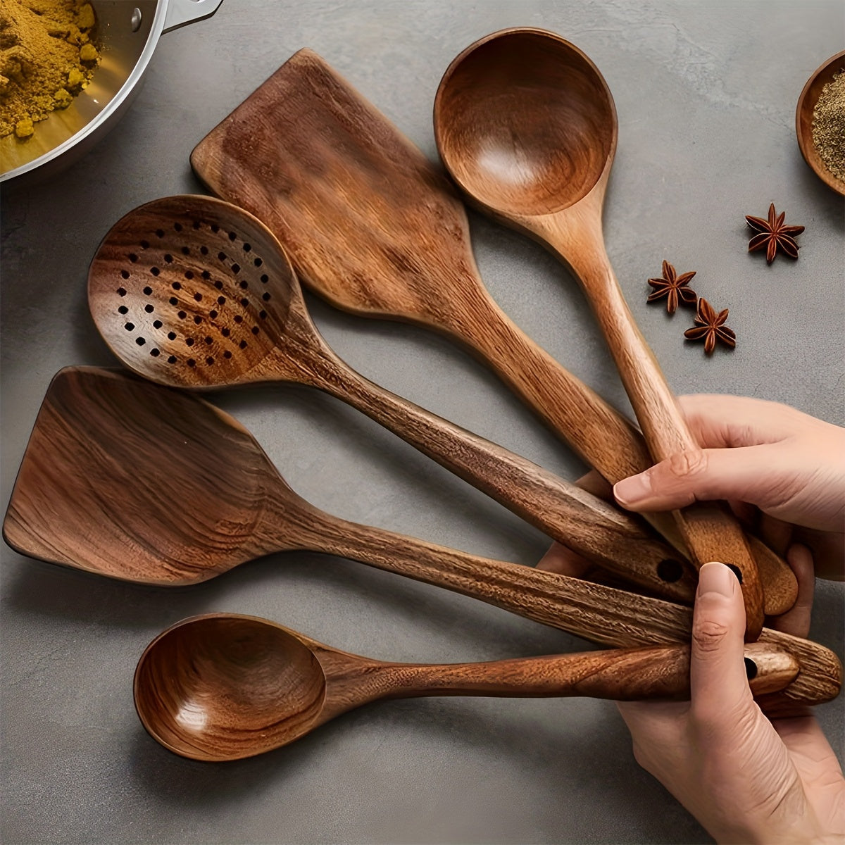 Ensemble d'ustensiles de cuisine en bois 3/5/7 pièces, cuillères, spatules, spurtle, louche et spatule à wok en bois naturel avec poignées ergonomiques, outils de cuisine robustes, résistants à la chaleur et sans danger pour les revêtements antiadhésifs