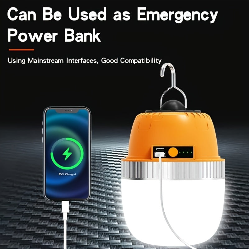 Lanterne de camping LED rechargeable par USB avec batterie externe intégrée, lampe de tente portable ultra-lumineuse pour camping, barbecue, terrasse, extérieur et urgences, recharge les téléphones portables, design autoportant et suspendu