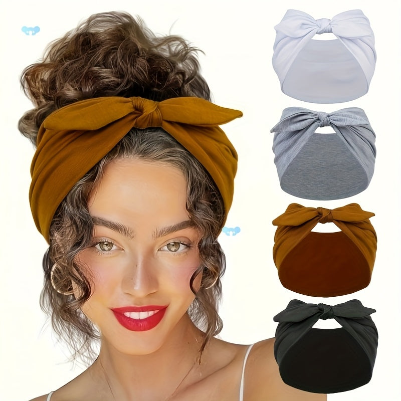 Lot de 4 bandeaux larges à oreilles de lapin pour femmes – Accessoire cheveux élastique antidérapant en satin pour le sport, le yoga et la salle de sport, ensemble turban doux et épais, idée cadeau